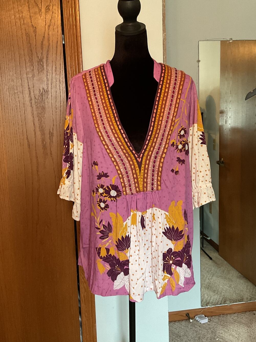 Bl^nk London for Anthropologie Stephanie Mixed Floral Swiss Dot Peasant Top XL